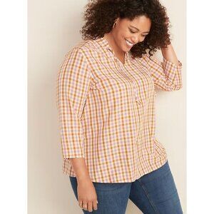 Old Navy Womens Blouse XL Tall Pink Yellow Gingham Mandarin Collar Tie Neck Boho